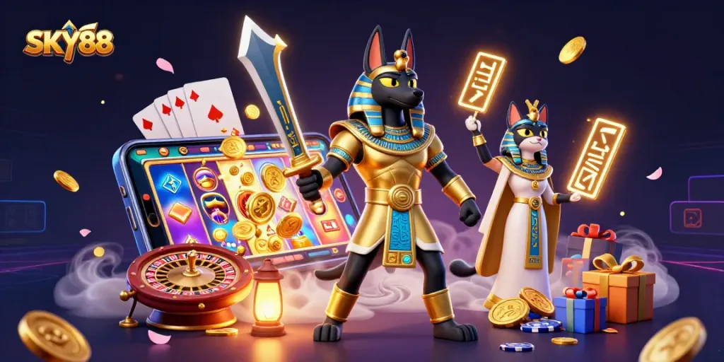 Engage in thrilling gaming with SKY88 while exploring a vivid 3D casino landscape.