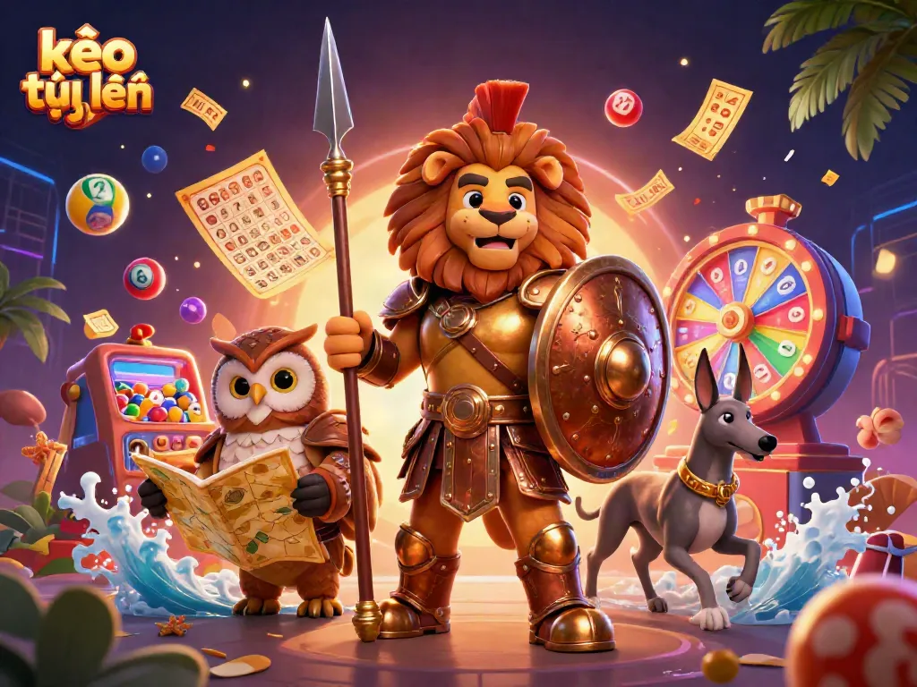 Engage with kèo trực tuyến through this vibrant 3D illustration depicting a Spartan lion, strategic owl, and a swift greyhound, surrounded by dynamic gaming elements.