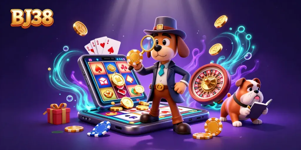 BJ38 illuminates a thrilling casino scene with a detective exploring rich slot game treasures.