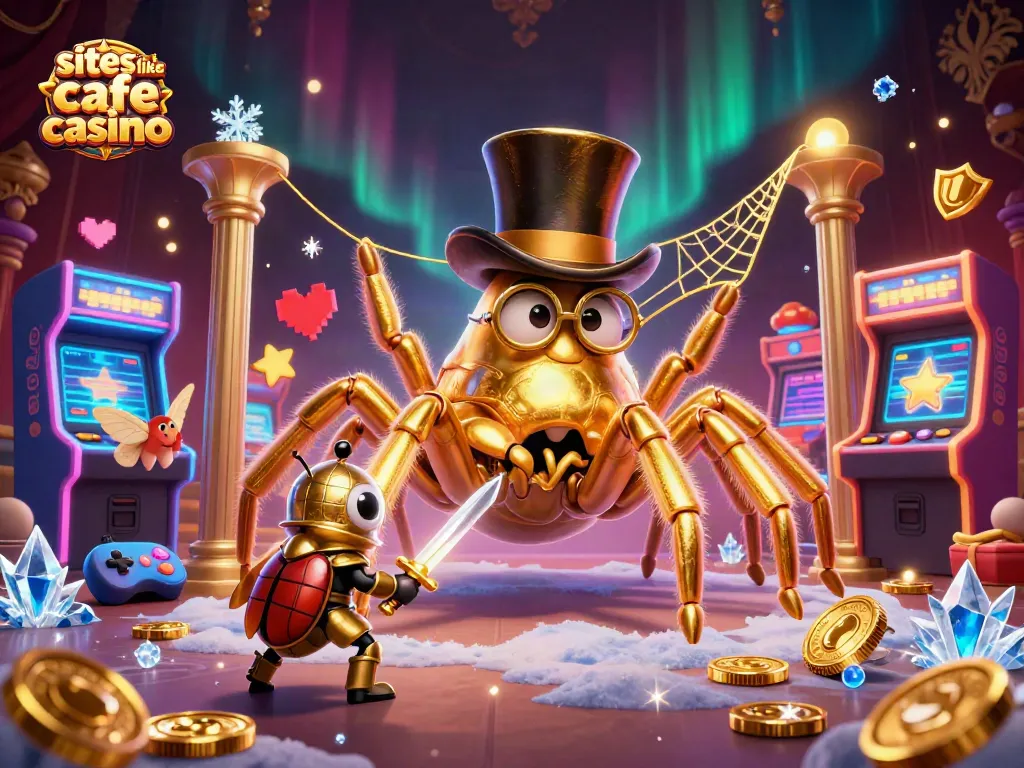 Play exciting games like Cafe Casino with a golden tarantula, knight, and lively arcade elements.