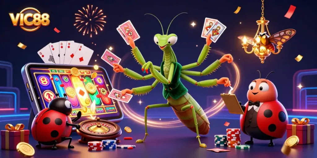 Engage with VIC88's vibrant casino scene featuring a card sharp and ladybug pit boss in action.