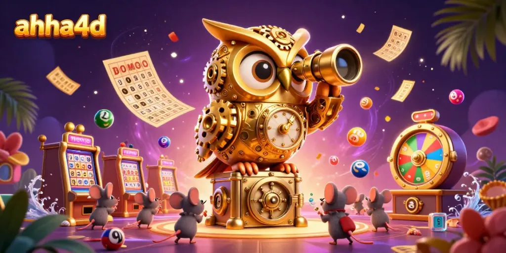 Engage with ahha4d's lively casino scene featuring a whimsical clockwork owl amidst colorful lottery elements and dynamic game activities.