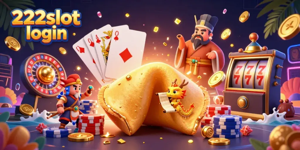 Permainan slot yang menarik dengan 222slot login, dikelilingi koin emas dan batu permata.