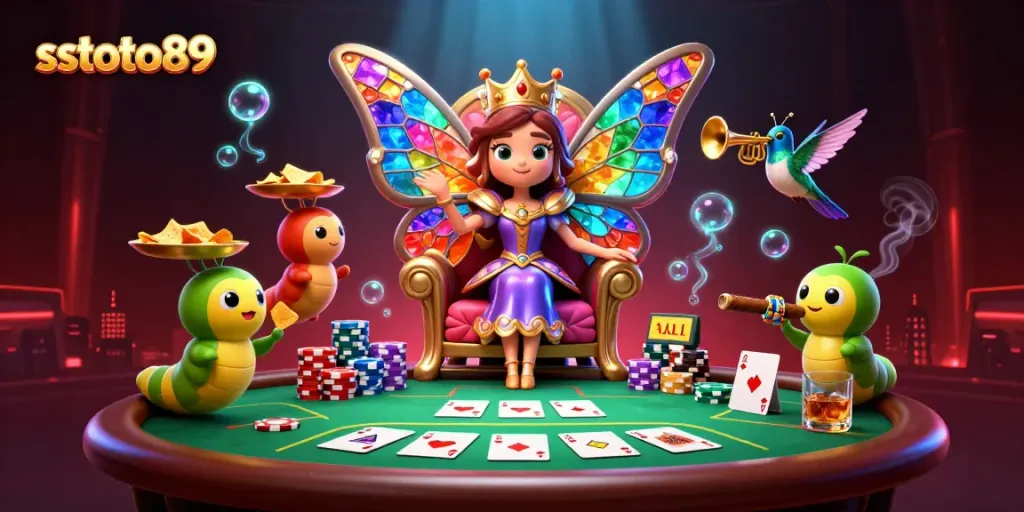 Inilah sstoto89, ratu kupu-kupu dalam ilustrasi kasino dengan chip poker dan elemen permainan.