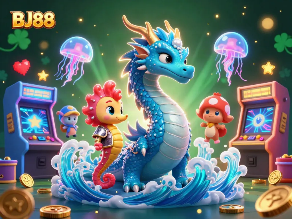 BJ88 casino scene showcasing a dragon, seahorse knight, and jellyfish amidst gaming elements and gold sparks.