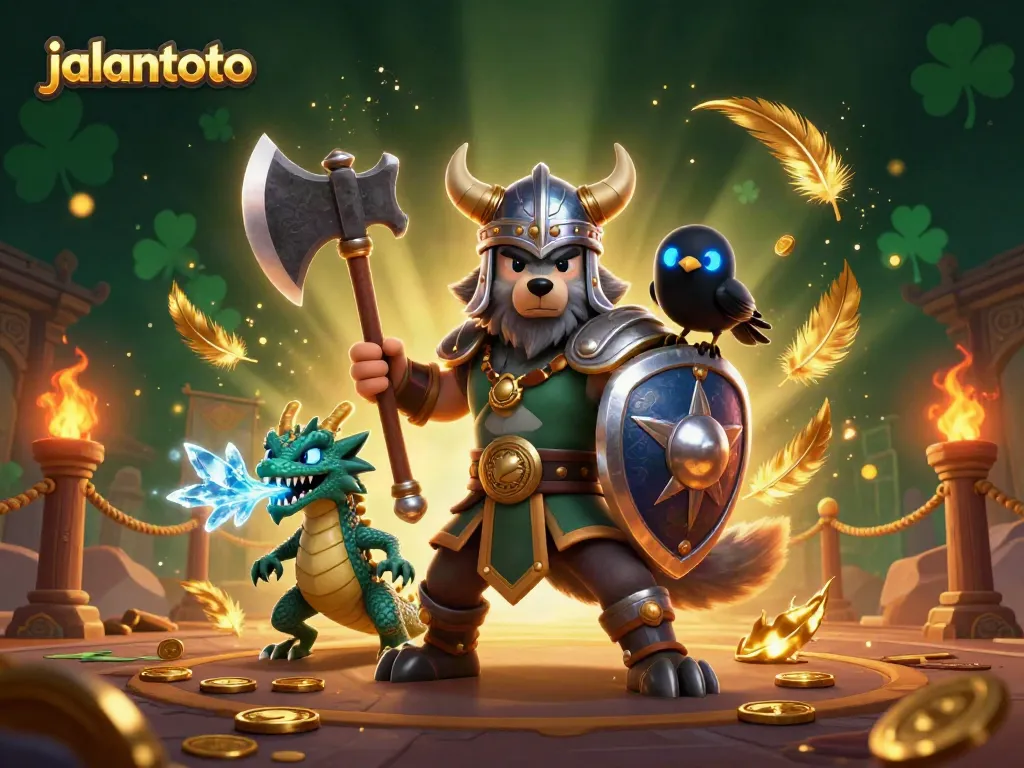 Gambarkan pengalaman bermain di jalantoto dengan karakter pahlawan Viking, naga, dan burung gagak dalam suasana kasino yang kaya.