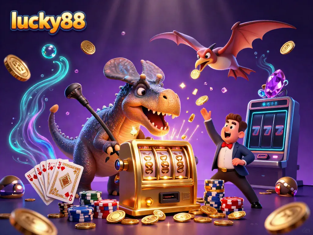 Experience the excitement at lucky88 casino with a vibrant 3D scene of character antics around a slot machine.